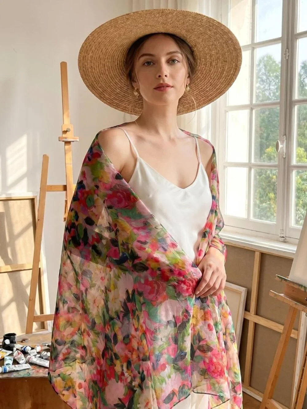 Luxurious 100% Mulberry Silk Floral Scarf Wrap - Lightweight Large Shawl for